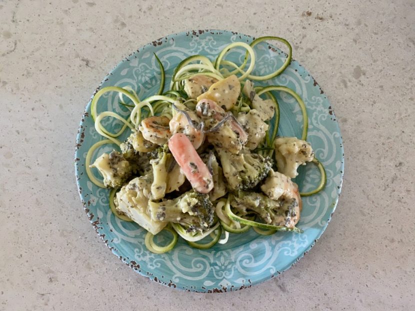 Zucchini Noodles Primavera with Shrimp and Avocado Sauce